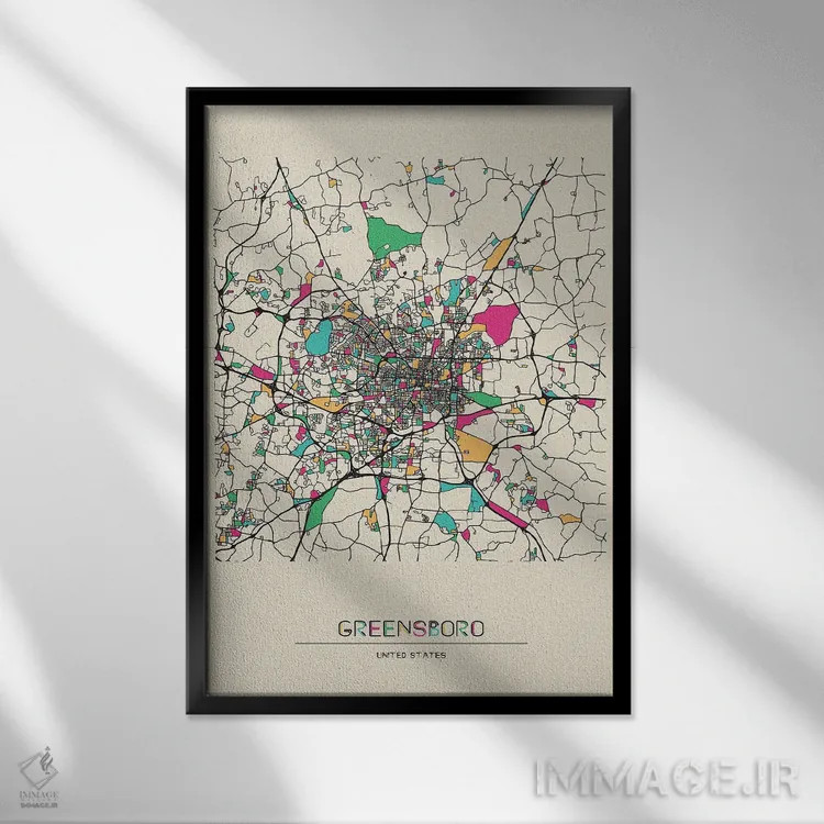 تابلو نقشه گرینزبورو، کارولینای شمالی اثر آیشه دنیز آکِرمان - نمای قابدار مشکی