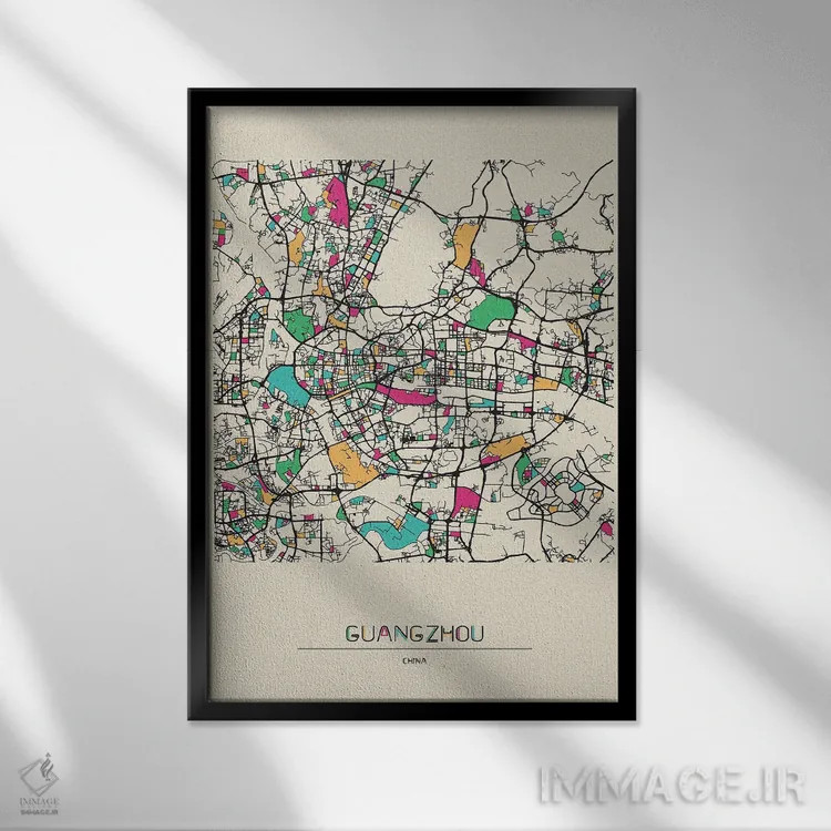 تابلو نقشه گوانگژو، چین اثر آیشه دنیز آکِرمان - نمای قابدار مشکی