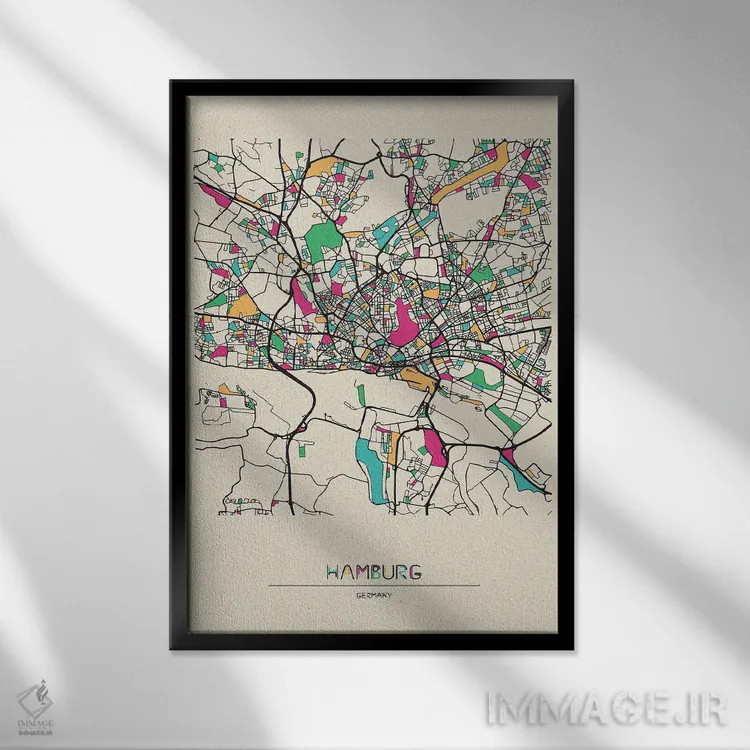 تابلو نقشه هامبورگ، آلمان اثر آیشه دنیز آکِرمان - نمای قابدار مشکی
