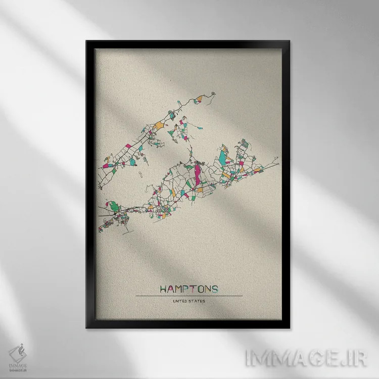 تابلو نقشه همپتونز، لانگآیلند اثر آیشه دنیز آکِرمان - نمای قابدار مشکی