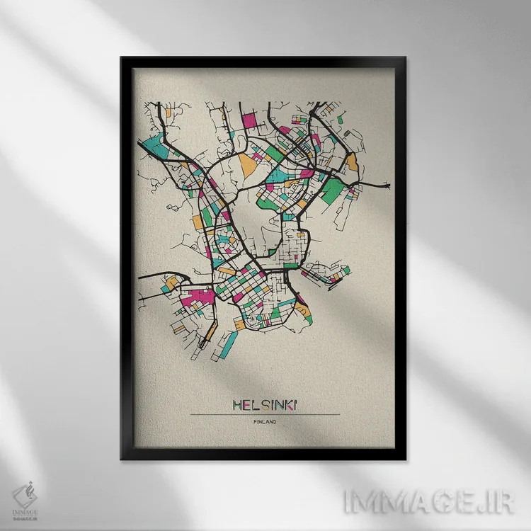 تابلو نقشه هلسینکی، فنلاند اثر آیشه دنیز آکِرمان - نمای قابدار مشکی