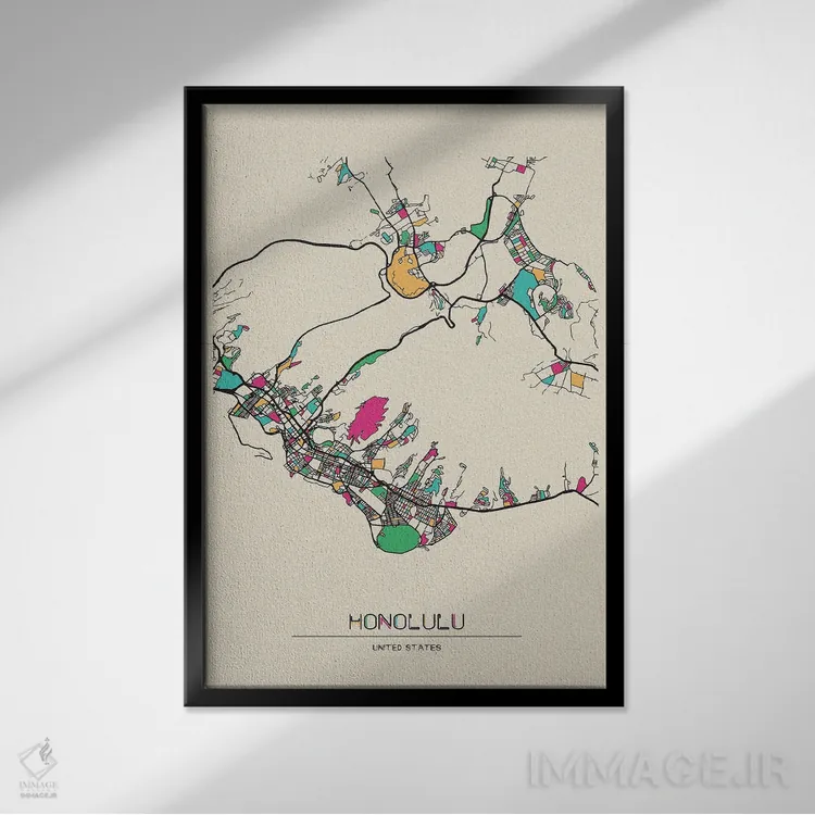 تابلو نقشه هونولولو، هاوایی اثر آیشه دنیز آکِرمان - نمای قابدار مشکی