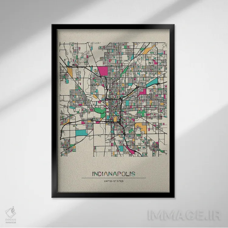 تابلو نقشه ایندیاناپولیس، ایندیانا اثر آیشه دنیز آکِرمان - نمای قابدار مشکی