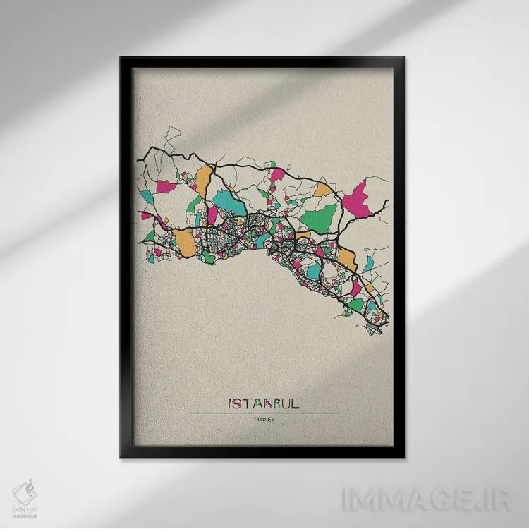 تابلو نقشه استانبول، ترکیه اثر آیشه دنیز آکِرمان - نمای قابدار مشکی