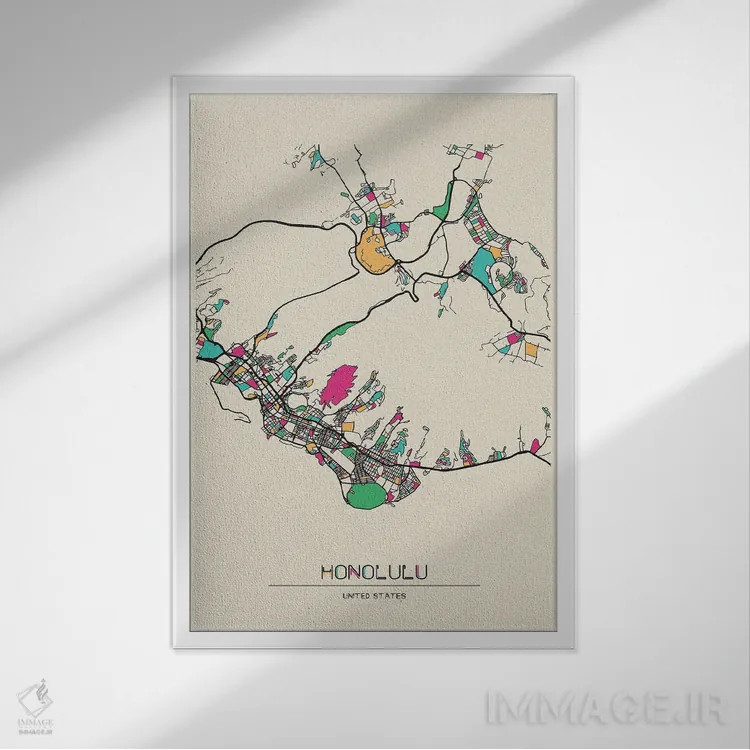 تابلو نقشه هونولولو، هاوایی اثر آیشه دنیز آکِرمان - نمای قابدار سفید