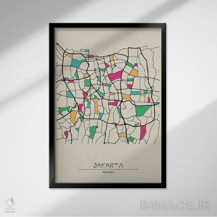 تابلو نقشه جاکارتا، اندونزی اثر آیشه دنیز آکِرمان - نمای قابدار مشکی