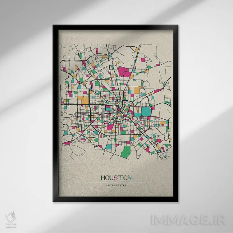 تابلو نقشه هیوستون، تگزاس اثر آیشه دنیز آکِرمان - نمای قابدار مشکی