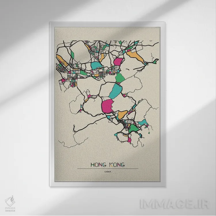 تابلو نقشه هنگکنگ، چین اثر آیشه دنیز آکِرمان - نمای قابدار سفید