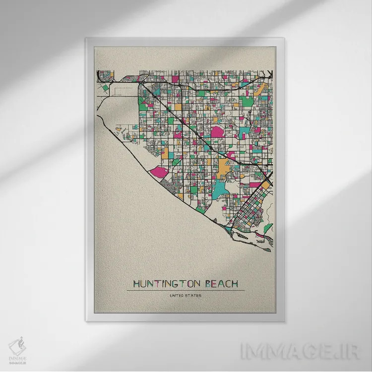 تابلو نقشه هانتینگتون بیچ، کالیفرنیا اثر آیشه دنیز آکِرمان - نمای قابدار سفید