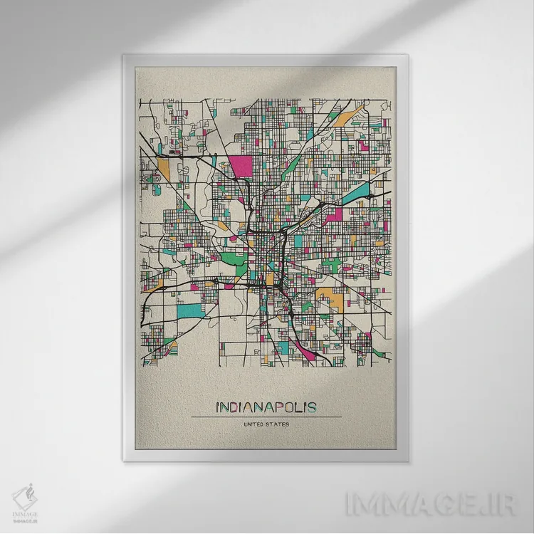 تابلو نقشه ایندیاناپولیس، ایندیانا اثر آیشه دنیز آکِرمان - نمای قابدار سفید