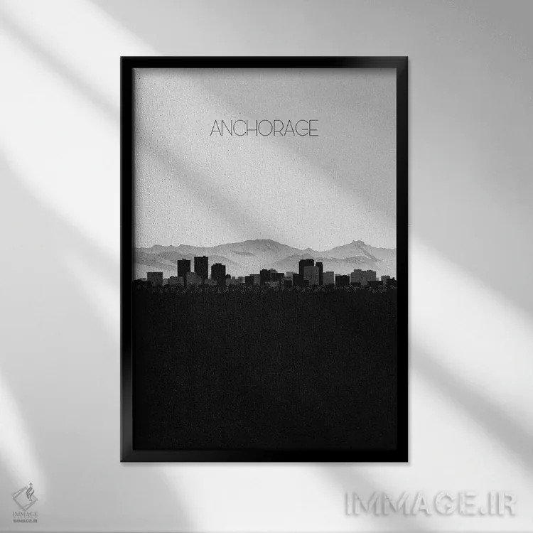 تابلو نما و افق شهری انکوریج، آلاسکا اثر آیشه دنیز آکِرمان - نمای قابدار مشکی