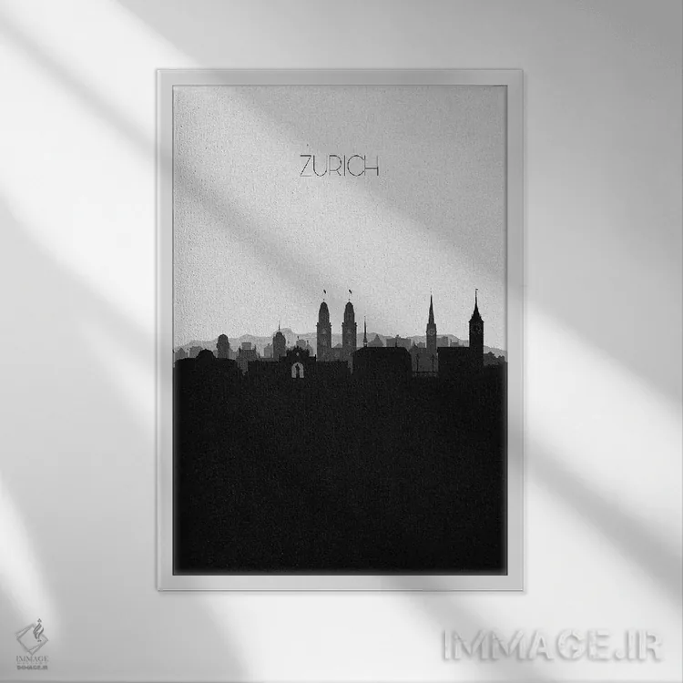 تابلو خط افق شهر زوریخ، سوئیس اثر آیشه دنیز آکِرمان - نمای قابدار سفید