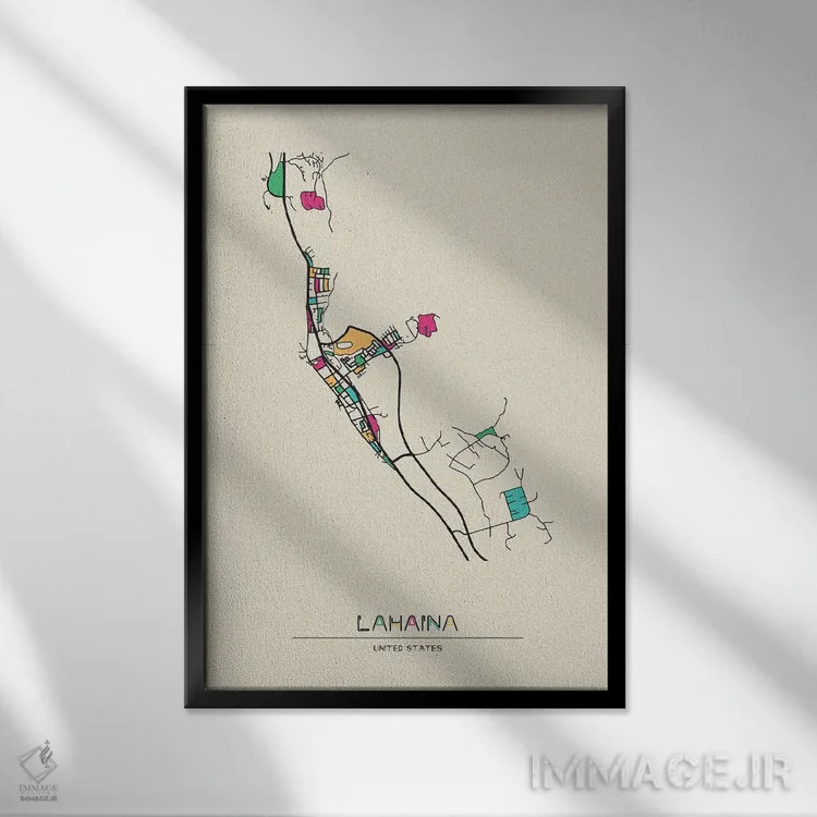 تابلو نقشهٔ لاهاینا، هاوایی اثر آیشه دنیز آکِرمان - نمای قابدار مشکی