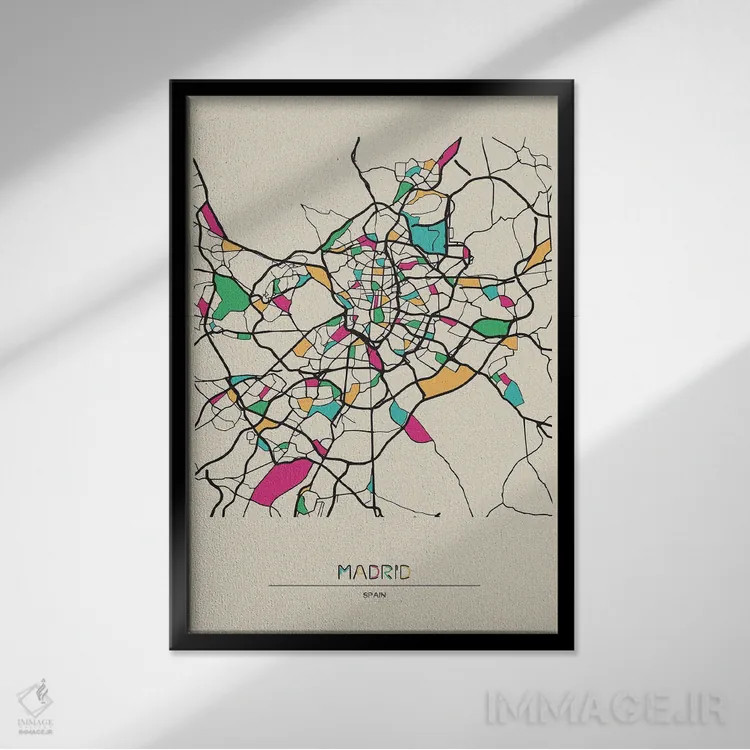تابلو نقشهٔ مادرید، اسپانیا اثر آیشه دنیز آکِرمان - نمای قابدار مشکی