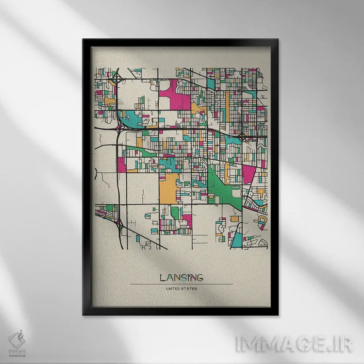 تابلو نقشهٔ لَنسینگ، میشیگان اثر آیشه دنیز آکِرمان - نمای قابدار مشکی