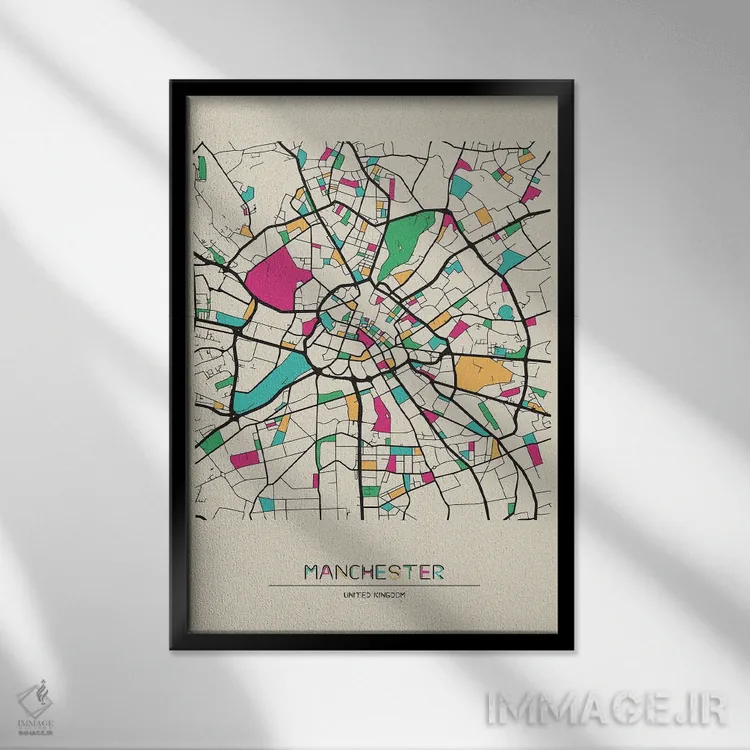 تابلو نقشهٔ منچستر، انگلستان اثر آیشه دنیز آکِرمان - نمای قابدار مشکی