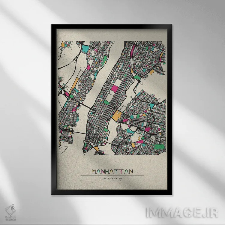 تابلو نقشهٔ منهتن، نیویورک اثر آیشه دنیز آکِرمان - نمای قابدار مشکی