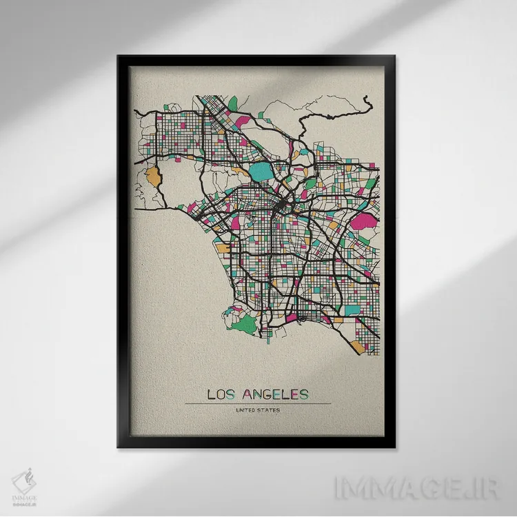تابلو نقشهٔ لسآنجلس، کالیفرنیا اثر آیشه دنیز آکِرمان - نمای قابدار مشکی