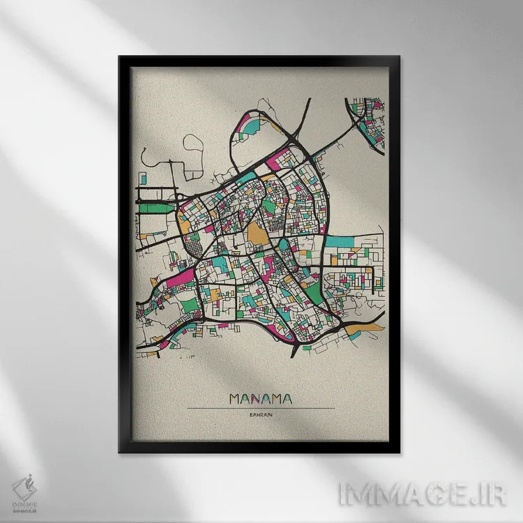 تابلو نقشهٔ منامه، بحرین اثر آیشه دنیز آکِرمان - نمای قابدار مشکی