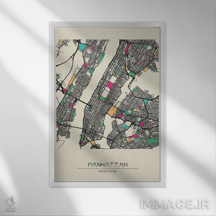 تابلو نقشهٔ منهتن، نیویورک اثر آیشه دنیز آکِرمان - نمای قابدار سفید