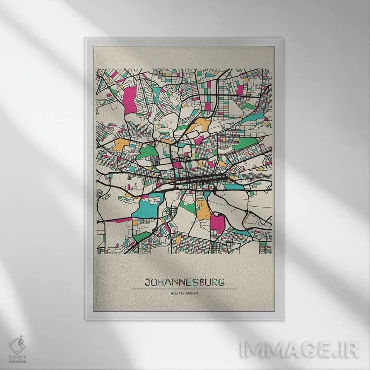 تابلو نقشهٔ ژوهانسبورگ، آفریقای جنوبی اثر آیشه دنیز آکِرمان - نمای قابدار سفید