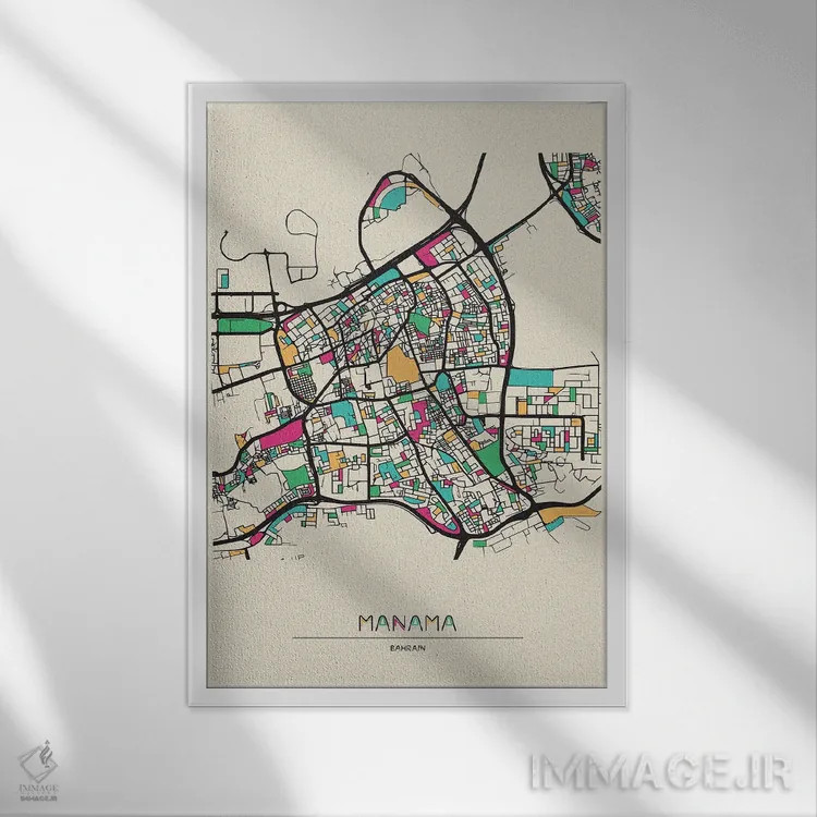 تابلو نقشهٔ منامه، بحرین اثر آیشه دنیز آکِرمان - نمای قابدار سفید