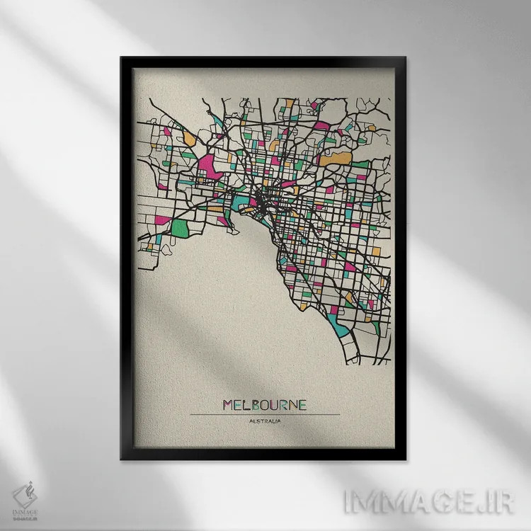 تابلو نقشهٔ ملبورن، استرالیا اثر آیشه دنیز آکِرمان - نمای قابدار مشکی