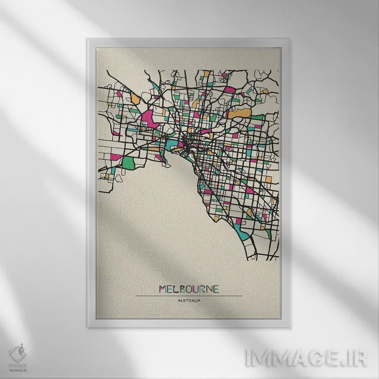 تابلو نقشهٔ ملبورن، استرالیا اثر آیشه دنیز آکِرمان - نمای قابدار سفید