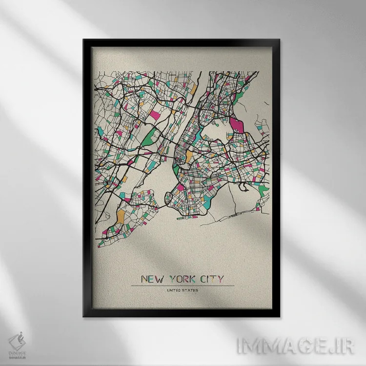 تابلو نقشهٔ نیویورک، آمریکا اثر آیشه دنیز آکِرمان - نمای قابدار مشکی