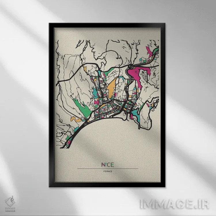 تابلو نقشهٔ نیس، فرانسه اثر آیشه دنیز آکِرمان - نمای قابدار مشکی