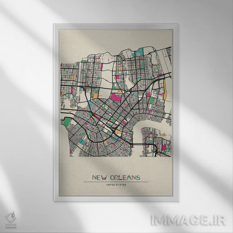 تابلو نقشهٔ نیواورلئان، لوئیزیانا اثر آیشه دنیز آکِرمان - نمای قابدار سفید