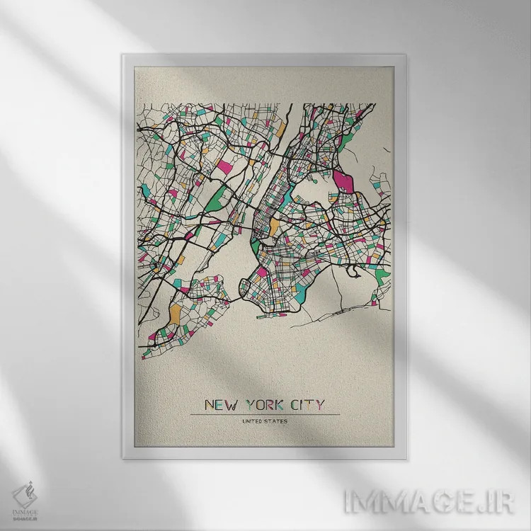 تابلو نقشهٔ نیویورک، آمریکا اثر آیشه دنیز آکِرمان - نمای قابدار سفید