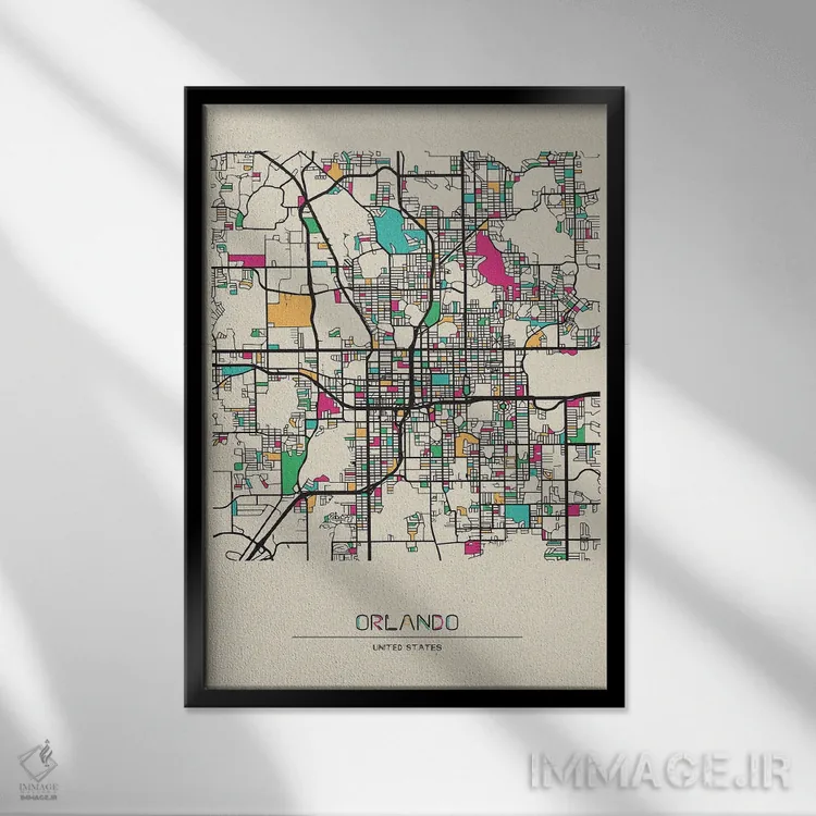 تابلو نقشهٔ اورلاندو، فلوریدا اثر آیشه دنیز آکِرمان - نمای قابدار مشکی