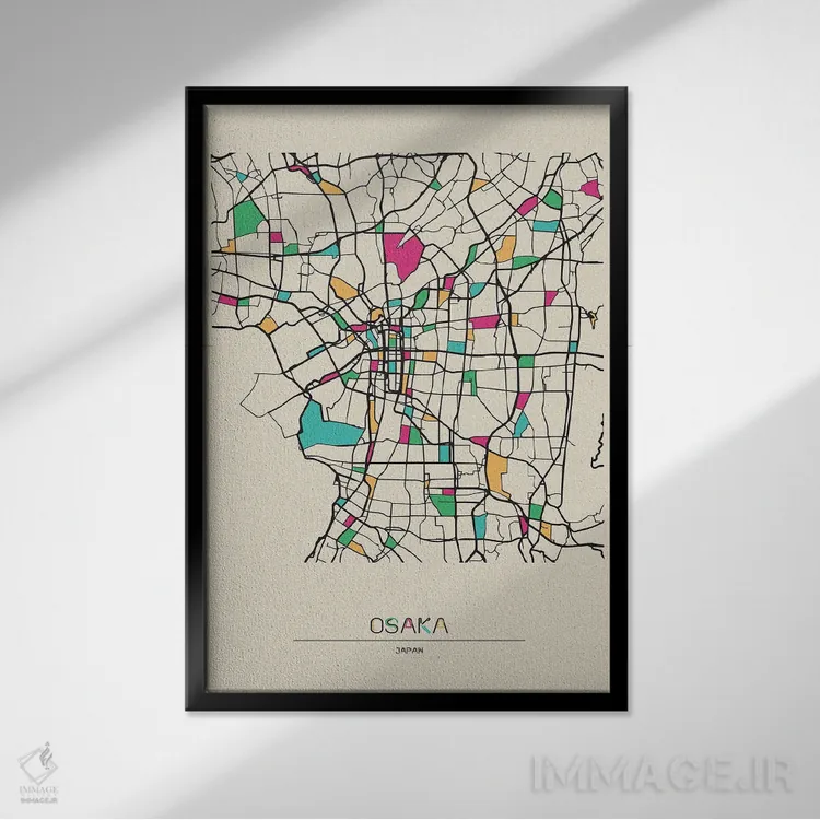 تابلو نقشهٔ اوساکا، ژاپن اثر آیشه دنیز آکِرمان - نمای قابدار مشکی