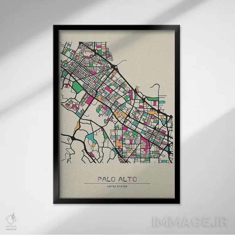 تابلو نقشهٔ پالو آلتو، کالیفرنیا اثر آیشه دنیز آکِرمان - نمای قابدار مشکی