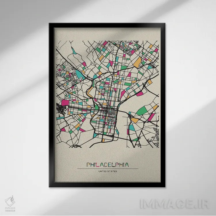 تابلو نقشهٔ فیلادلفیا، پنسیلوانیا اثر آیشه دنیز آکِرمان - نمای قابدار مشکی