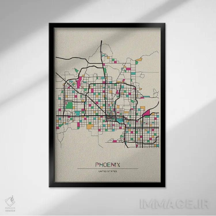 تابلو نقشهٔ فینیکس، آریزونا اثر آیشه دنیز آکِرمان - نمای قابدار مشکی