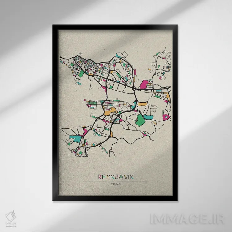 تابلو نقشهٔ ریکیاویک، ایسلند اثر آیشه دنیز آکِرمان - نمای قابدار مشکی