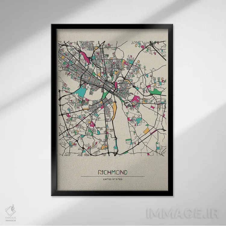 تابلو نقشهٔ ریچموند، ویرجینیا اثر آیشه دنیز آکِرمان - نمای قابدار مشکی