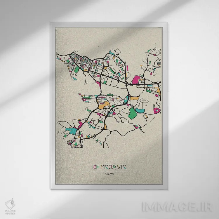 تابلو نقشهٔ ریکیاویک، ایسلند اثر آیشه دنیز آکِرمان - نمای قابدار سفید