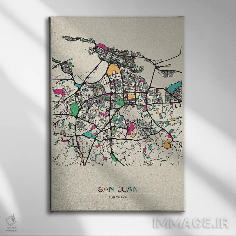 تابلو نقشهٔ سن خوآن، پورتو ریکو اثر آیشه دنیز آکِرمان - نمای روبهرو روی دیوار