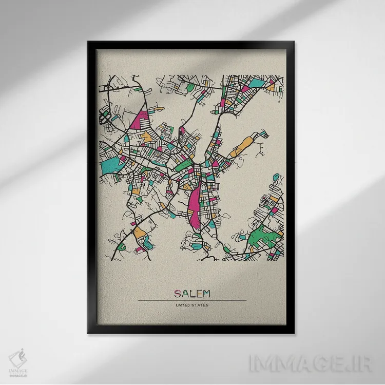 تابلو نقشهٔ سیلم، ماساچوست اثر آیشه دنیز آکِرمان - نمای قابدار مشکی