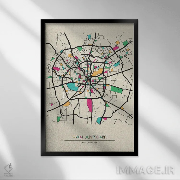تابلو نقشهٔ سن آنتونیو، تگزاس اثر آیشه دنیز آکِرمان - نمای قابدار مشکی