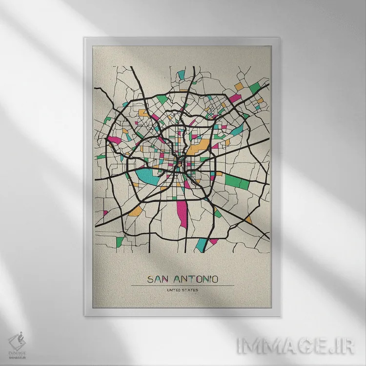 تابلو نقشهٔ سن آنتونیو، تگزاس اثر آیشه دنیز آکِرمان - نمای قابدار سفید