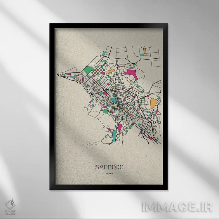 تابلو نقشهٔ ساپورو، ژاپن اثر آیشه دنیز آکِرمان - نمای قابدار مشکی