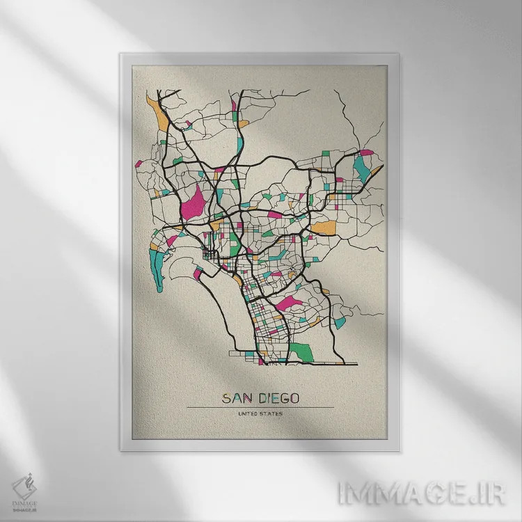 تابلو نقشهٔ سن دیگو، کالیفرنیا اثر آیشه دنیز آکِرمان - نمای قابدار سفید