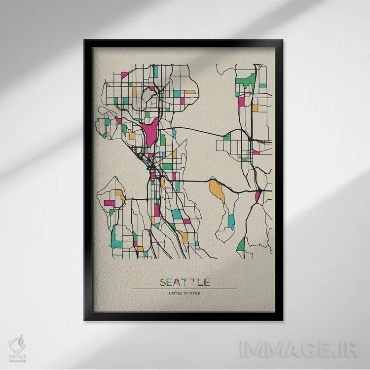 تابلو نقشهٔ سیاتل، واشینگتن اثر آیشه دنیز آکِرمان - نمای قابدار مشکی