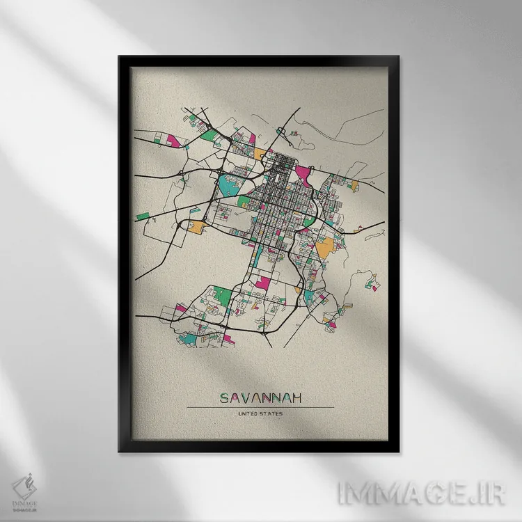 تابلو نقشهٔ ساوانا، جورجیا اثر آیشه دنیز آکِرمان - نمای قابدار مشکی