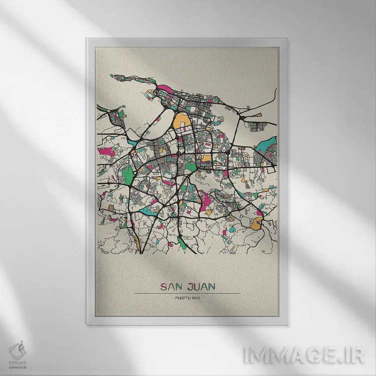 تابلو نقشهٔ سن خوآن، پورتو ریکو اثر آیشه دنیز آکِرمان - نمای قابدار سفید