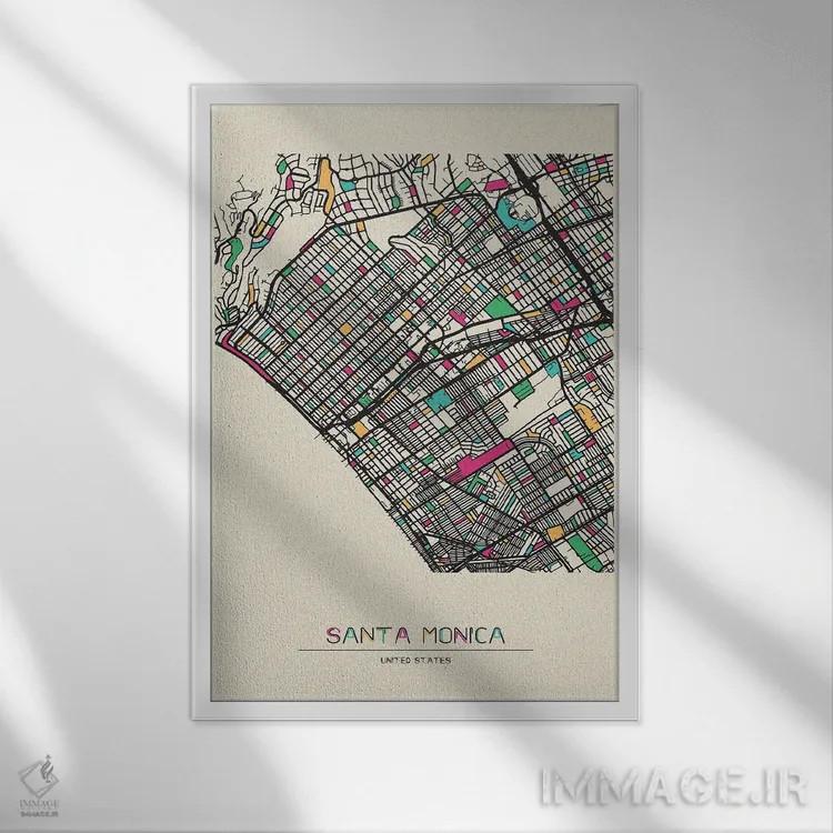 تابلو نقشهٔ سانتا مونیکا، کالیفرنیا اثر آیشه دنیز آکِرمان - نمای قابدار سفید
